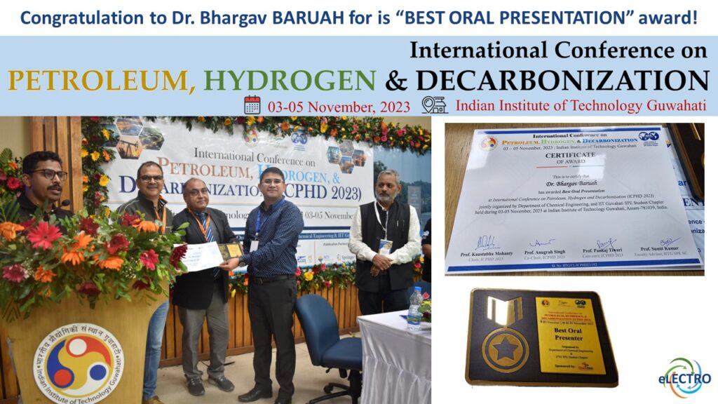 Award of the best oral presentation given to B. BARUAH at the ICPHD 2023